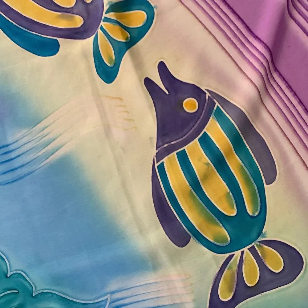 NO BRAND Blue Multi Color Watercolor Fish Scarf Shawl